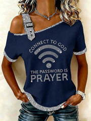 Women's "Connect To God,The Password IS Prayer" Off-the-Shoulder Short-Sleeve T-Shirt