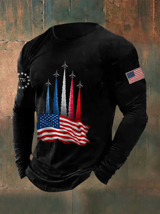 Men's Independence Day American Flag Jet Planes Print Casual Long-Sleeve T-Shirt
