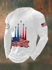 Men's Independence Day American Flag Jet Planes Print Casual Long-Sleeve T-Shirt