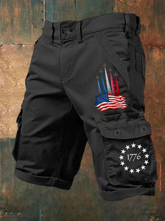 Men's Independence Day American Flag Jet Planes Print Casual Cargo Shorts