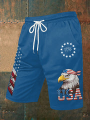 Men's Independence Day USA Flag Bald Eagle Print Casual Shorts