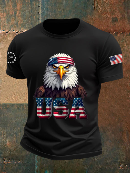 Men's American Flag Bald Eagle Print Casual Tee