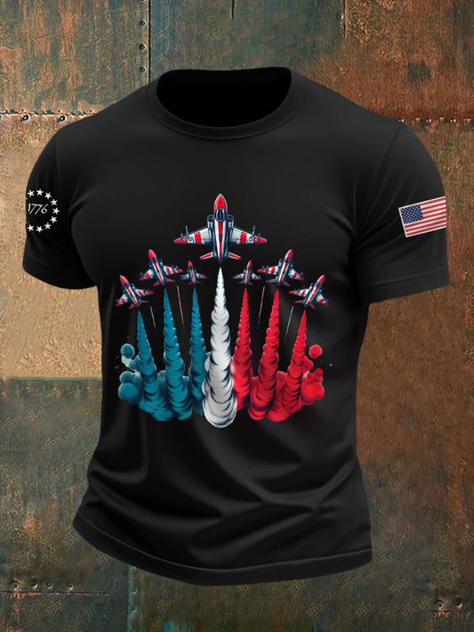 Men's Independence Day Patriotic Red White Blue USA Flag Fighter Jets Print Casual Tee