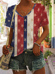 Women Independence Day America Flag Short Sleeve T-shirt