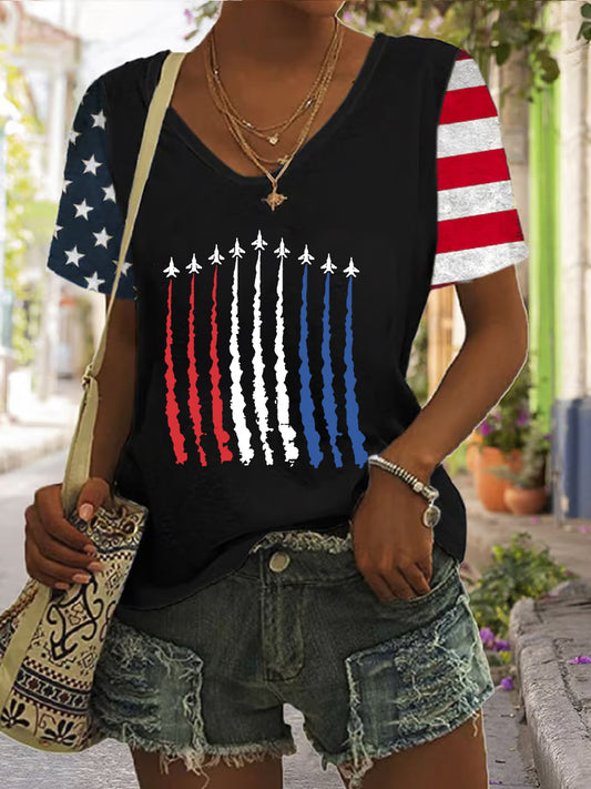 Women's Independence Day Red White Blue Flag Print Casual T-shirt