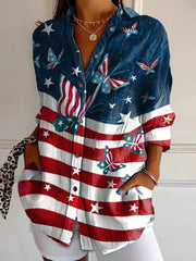 Women Independence Day America Flag Casual Long Sleeve Shirt