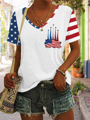 Women's 4th Of July Jet Plane Patriotic USA Flag Print Casual V-Neck Tee