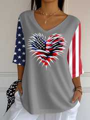 Women's Independence Day USA Flag Love Heart Fireworks Print Casual Half-Sleeve T-Shirt