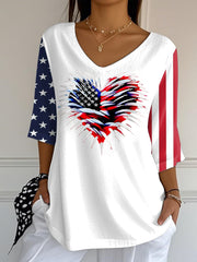 Women's Independence Day USA Flag Love Heart Fireworks Print Casual Half-Sleeve T-Shirt