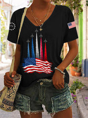 Women's Independence Day American Flag Jet Planes Print Casual V-Neck Tee