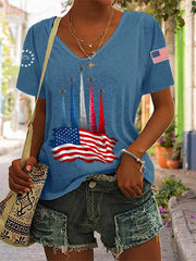 Women's Independence Day American Flag Jet Planes Print Casual V-Neck Tee