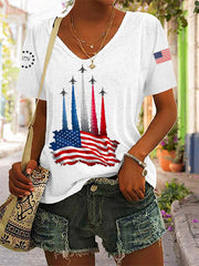 Women's Independence Day American Flag Jet Planes Print Casual V-Neck Tee