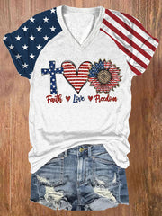 Women's Faith Love Freedom V-neck Off-shoulder Short-sleeved T-shirt