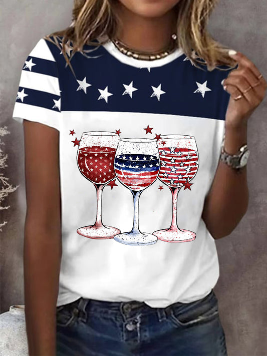 Women's Independence Day Wine Glass Short-sleeved T-shirt