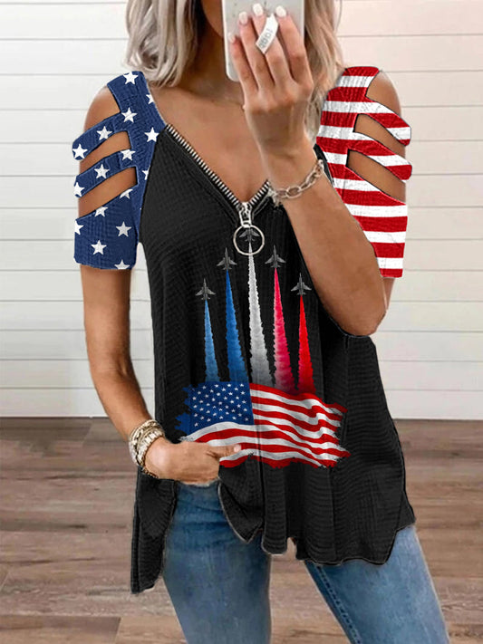 Women's Independence Day American Flag Jet Planes Print Casual Zipper V-Neck  Top