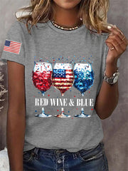 Women's 4th Of July Red Wine Blue Wine Glass Print Casual Tee