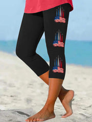 Women's Independence Day American Flag Jet Planes Print Casual Cropped Leggings