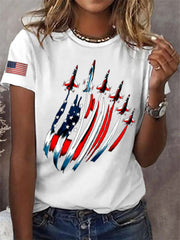 Women's Independence Day USA Flag Fighter Jets Print Casual Tee