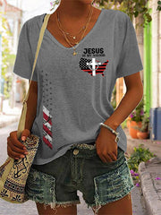 Women's Jesus Is My Savior American Flag Print Casual V-Neck Tee