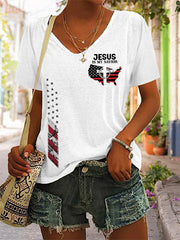 Women's Jesus Is My Savior American Flag Print Casual V-Neck Tee