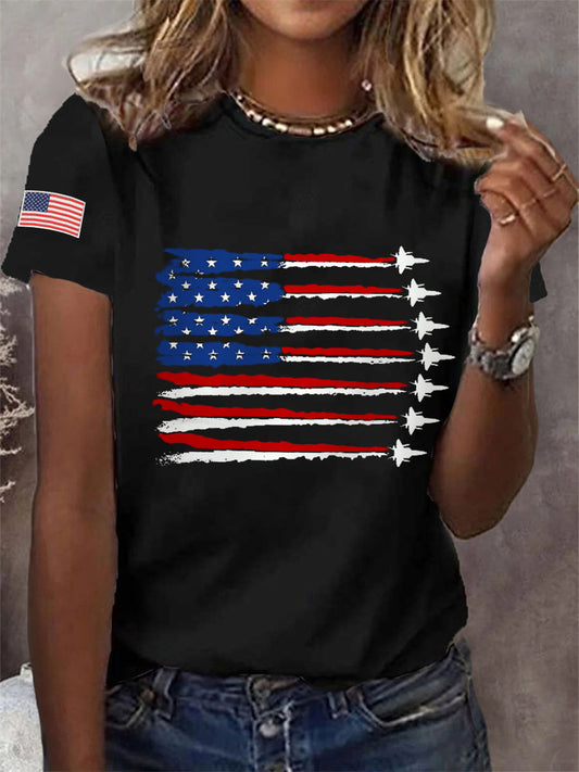 Women's Independence Day USA Flag Fighter Jets Print Casual Tee
