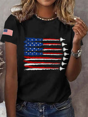 Women's Independence Day USA Flag Fighter Jets Print Casual Tee