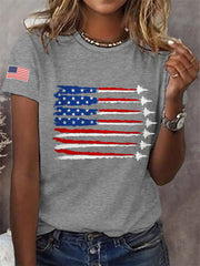 Women's Independence Day USA Flag Fighter Jets Print Casual Tee