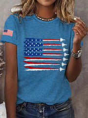 Women's Independence Day USA Flag Fighter Jets Print Casual Tee