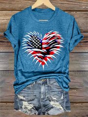 Women's Independence Day American Flag Heart Fireworks Casual Tee