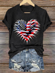 Women's Independence Day American Flag Heart Fireworks Casual Tee