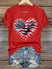 Women's Independence Day American Flag Heart Fireworks Casual Tee