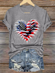 Women's Independence Day American Flag Heart Fireworks Casual Tee