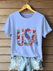 Women's Independence Day Retro Patchwork Flag Short-sleeved T-shirt