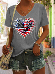 Women's Independence Day American Flag Heart Fireworks Casual V-Neck Tee