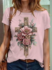 Women's Faith Cross Floral Print T-Shirt