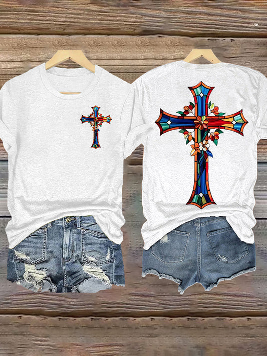 Women's Stained Glass Floral Faith Cross Print T-Shirt