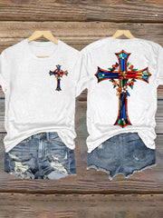 Women's Stained Glass Floral Faith Cross Print T-Shirt