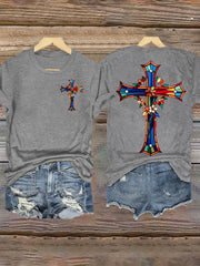 Women's Stained Glass Floral Faith Cross Print T-Shirt