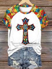 Women's Stained Glass Floral Faith Cross Print T-Shirt