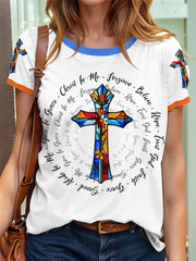 Women's Stained Glass Floral Faith Cross Print T-Shirt