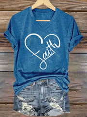 Women's Faith Love Heart Casual Classic V-Neck Tee