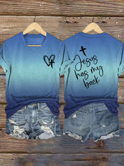 Women's Jesus Has My Back Print V-Neck T-Shirt