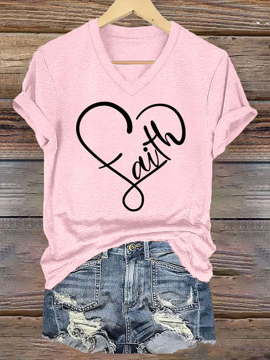 Women's Faith Love Heart Casual Classic V-Neck Tee