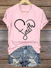 Women's Faith Love Heart Casual Classic V-Neck Tee