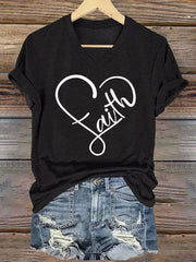 Women's Faith Love Heart Casual Classic V-Neck Tee