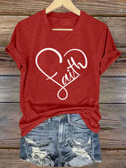 Women's Faith Love Heart Casual Classic V-Neck Tee