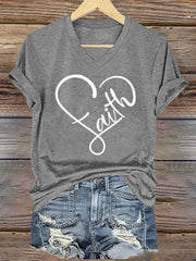 Women's Faith Love Heart Casual Classic V-Neck Tee