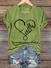 Women's Faith Love Heart Casual Classic V-Neck Tee