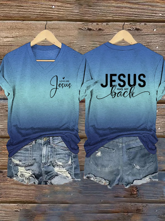 Women's Jesus Has My Back Print V-Neck T-Shirt