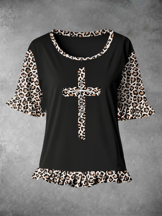 Women's Faith Leopard Print Ruffle Hem Stitching Tee